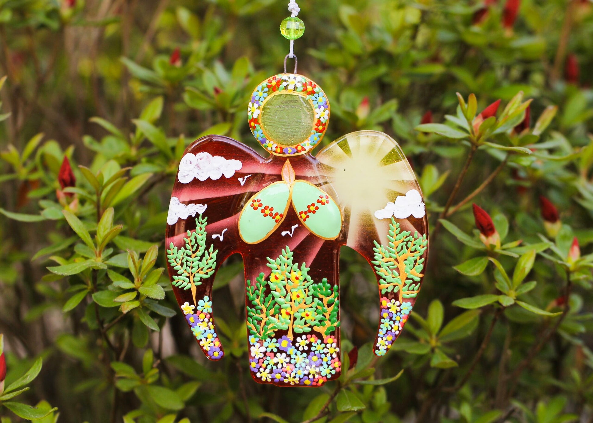 Guardian Angel Glass Wall Art in Red & Green - Handmade Fused-Glass Decor with Vibrant Colors and Intricate Patterns
