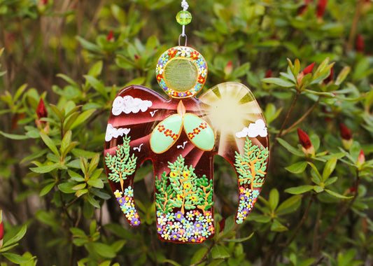 Guardian Angel Glass Wall Art in Red & Green - Handmade Fused-Glass Decor with Vibrant Colors and Intricate Patterns
