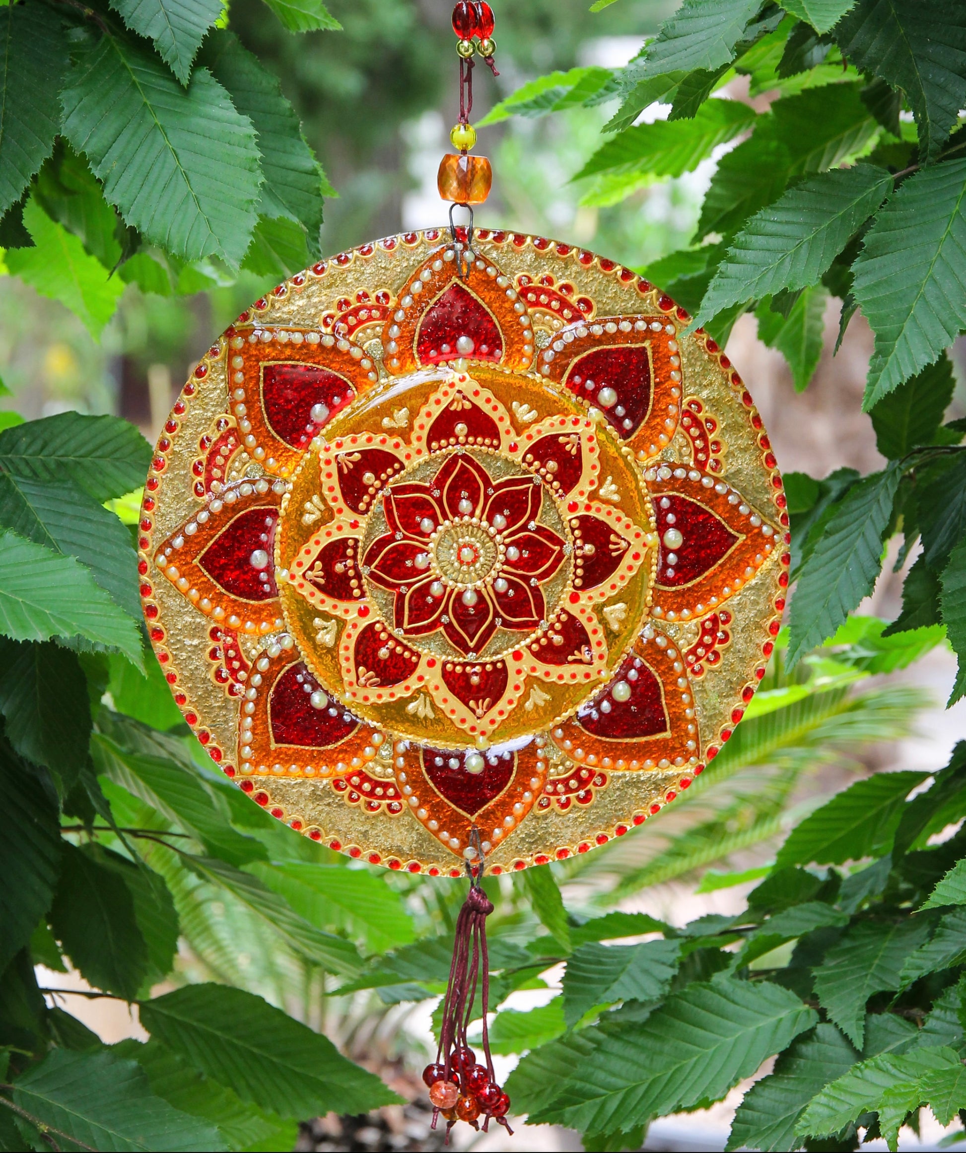 Big Mandala Glass Artwork - Hand-Painted Fused-Glass Decor with Vibrant Colors and Intricate Patterns, Gold