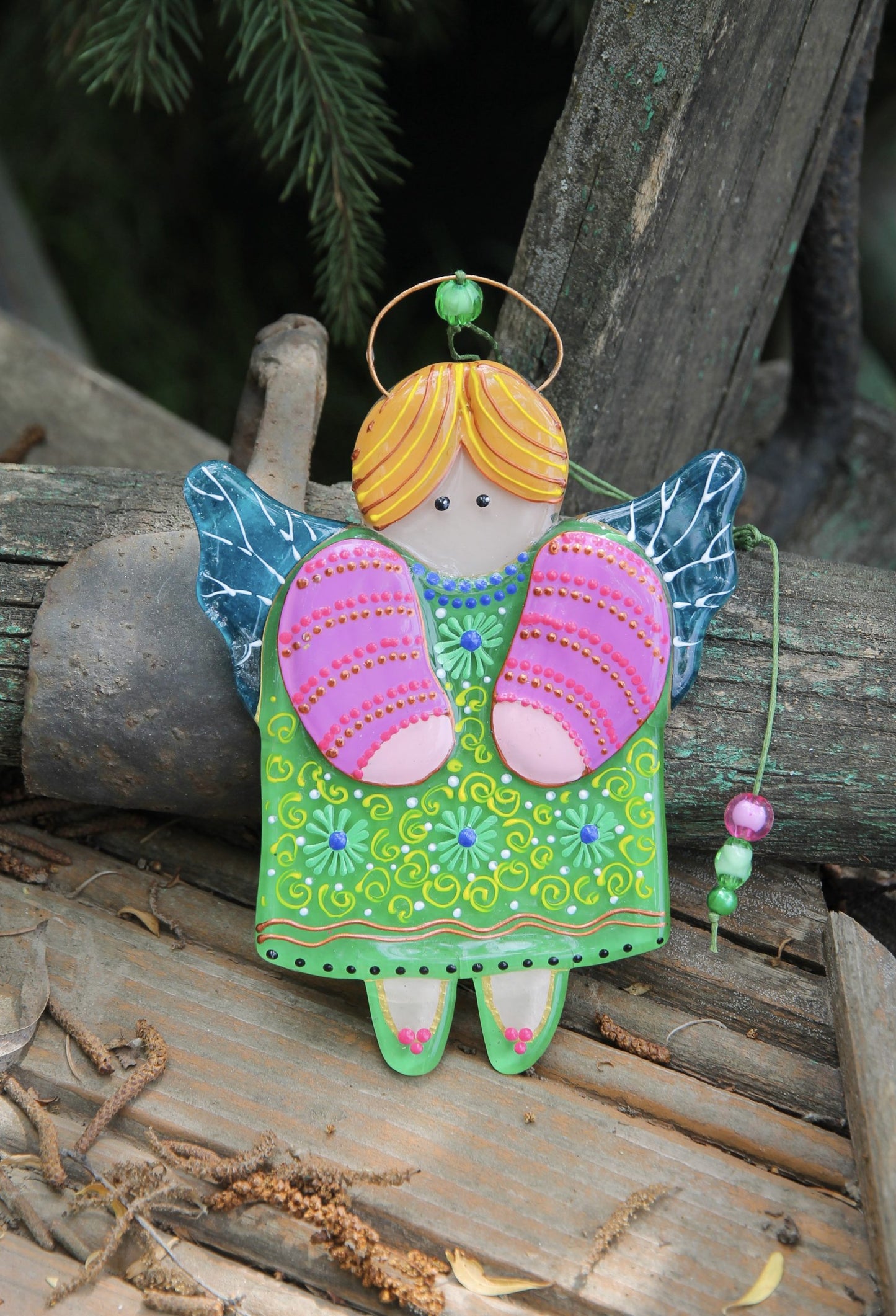 Guardian Angel Glass Wall Art in Green & Pink - Handmade Fused-Glass Decor with Vibrant Colors and Intricate Patterns