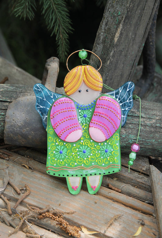 Guardian Angel Glass Wall Art in Green & Pink - Handmade Fused-Glass Decor with Vibrant Colors and Intricate Patterns