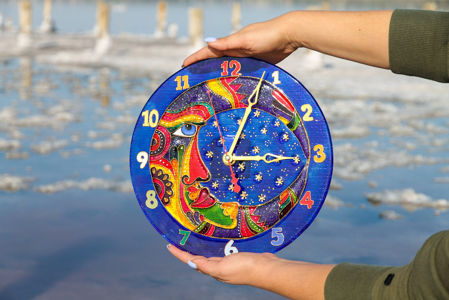 Clock Moon Glass Artwork - Hand-Painted Fused-Glass Clock with Celestial Patterns, 30 cm