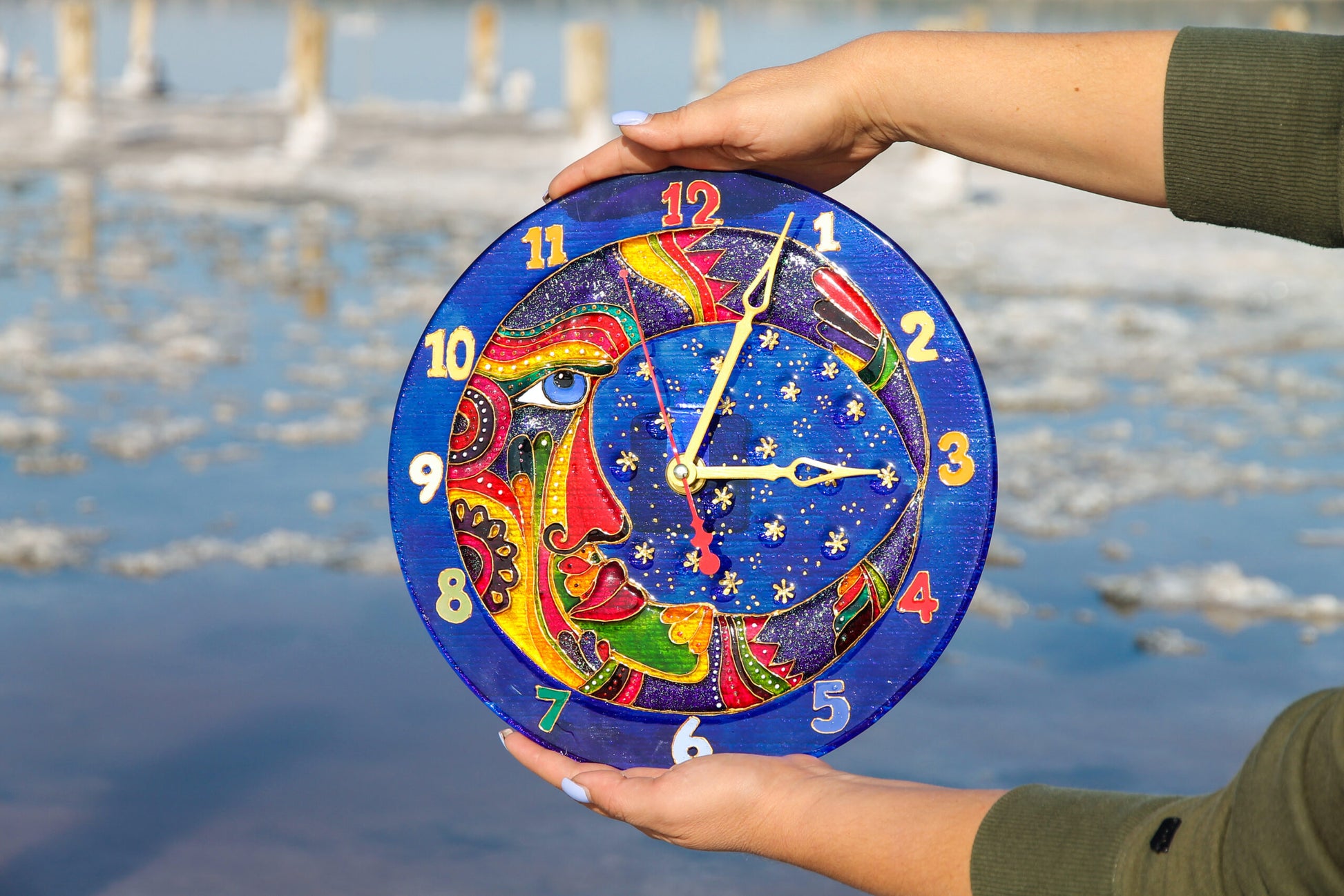 Clock Moon Glass Artwork - Hand-Painted Fused-Glass Clock with Celestial Patterns, 30 cm