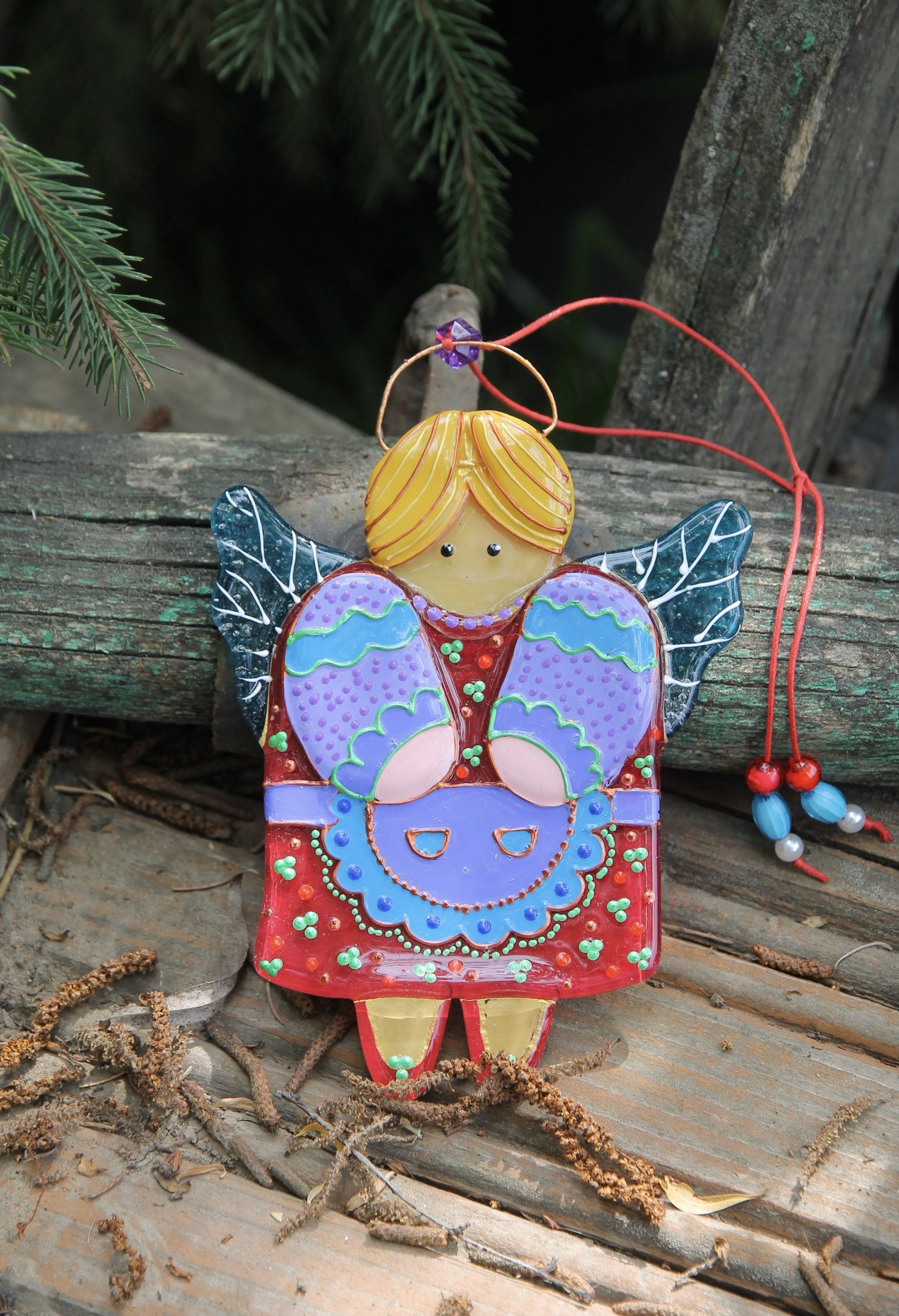 Guardian Angel of Home Glass Wall Art in Red & Purple - Handmade Fused-Glass Decor with Vibrant Colors and Intricate Patterns