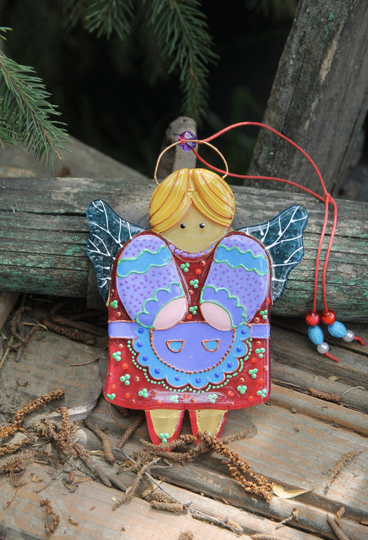 Guardian Angel of Home Glass Wall Art in Red & Purple - Handmade Fused-Glass Decor with Vibrant Colors and Intricate Patterns