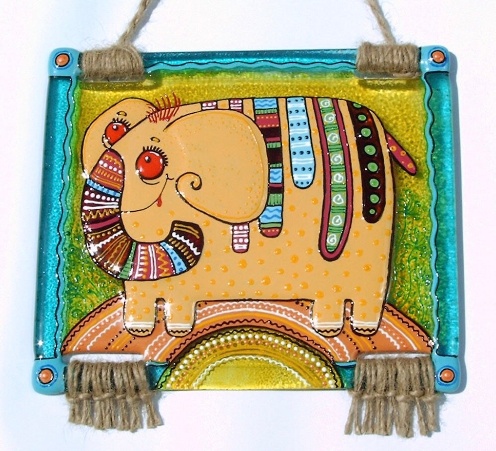 Funny Elephant Glass Panel Wall Art - Fused-Glass Panel with Meticulous Craftsmanship and Powerful Presence, 22 cm