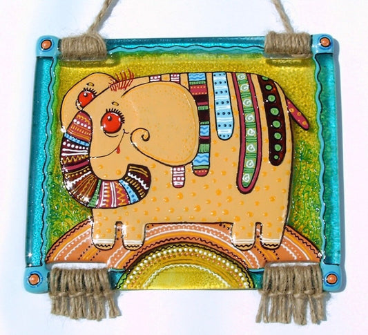 Funny Elephant Glass Panel Wall Art - Fused-Glass Panel with Meticulous Craftsmanship and Powerful Presence, 22 cm