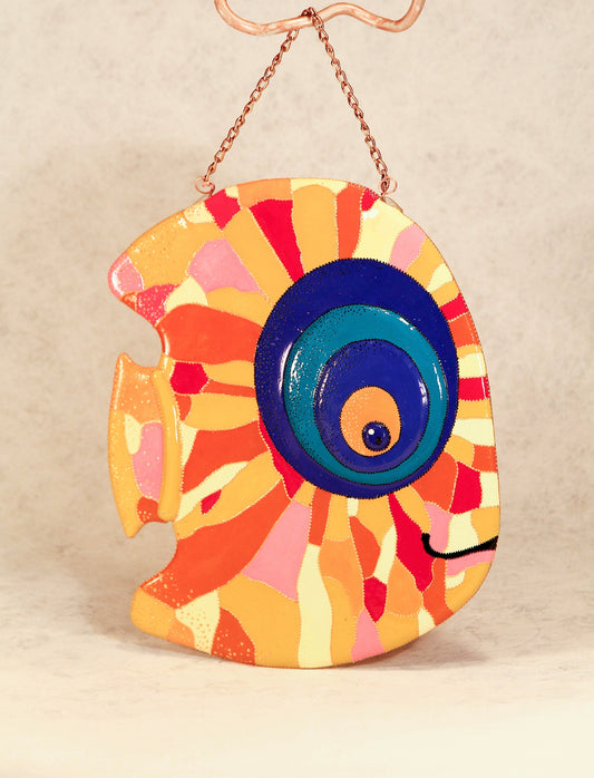 Big Fish in Love Glass Artwork - Hand-Painted Fused-Glass Decor with Captivating Patterns and Vibrant Colors, Orange