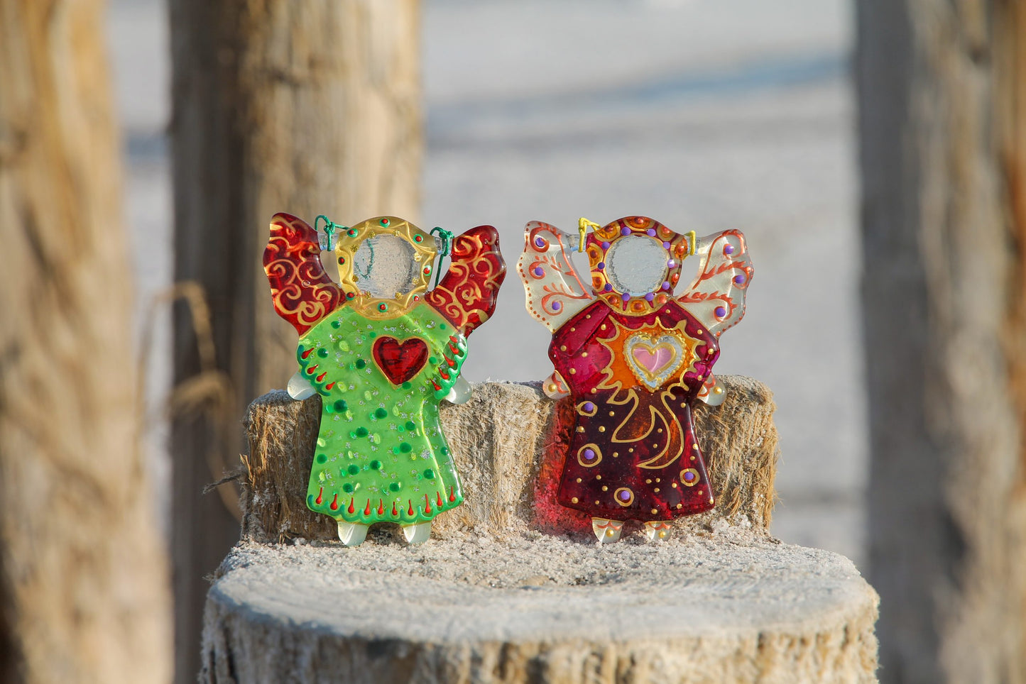 Guardian Angel of Love with Red Heart Glass Wall Art in Green - Handmade Fused-Glass Decor with Vibrant Colors and Intricate Patterns