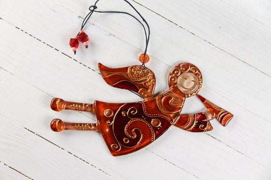 Flying Guardian Angel Glass Wall Art in Brown - Handmade Fused-Glass Decor with Vibrant Colors and Intricate Patterns