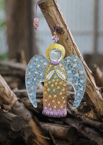 Guardian Angel Glass Art - Handmade Suncatcher, Gold & Light Blue, 12 cm