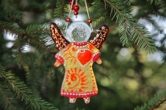 Guardian Angel of Love with Red Heart Glass Wall Art in Gold & Red - Handmade Fused-Glass Decor with Intricate Patterns