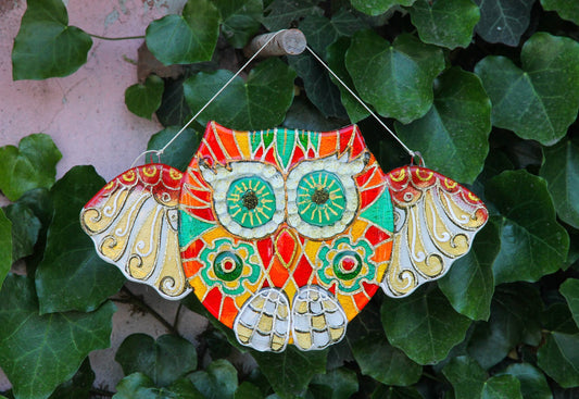 Hand-painted orange Owl Talisman with mosaic patterns