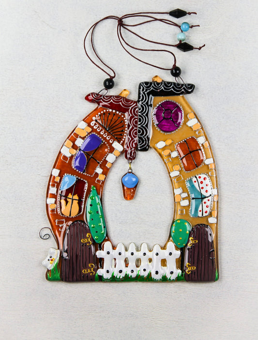 Colorful Houses - A Symbol of Family Unity Radiant with the Lantern of Love Glass Artwork - Hand-Painted Fused-Glass Decor with Vibrant Colors and Intricate Patterns, Brown