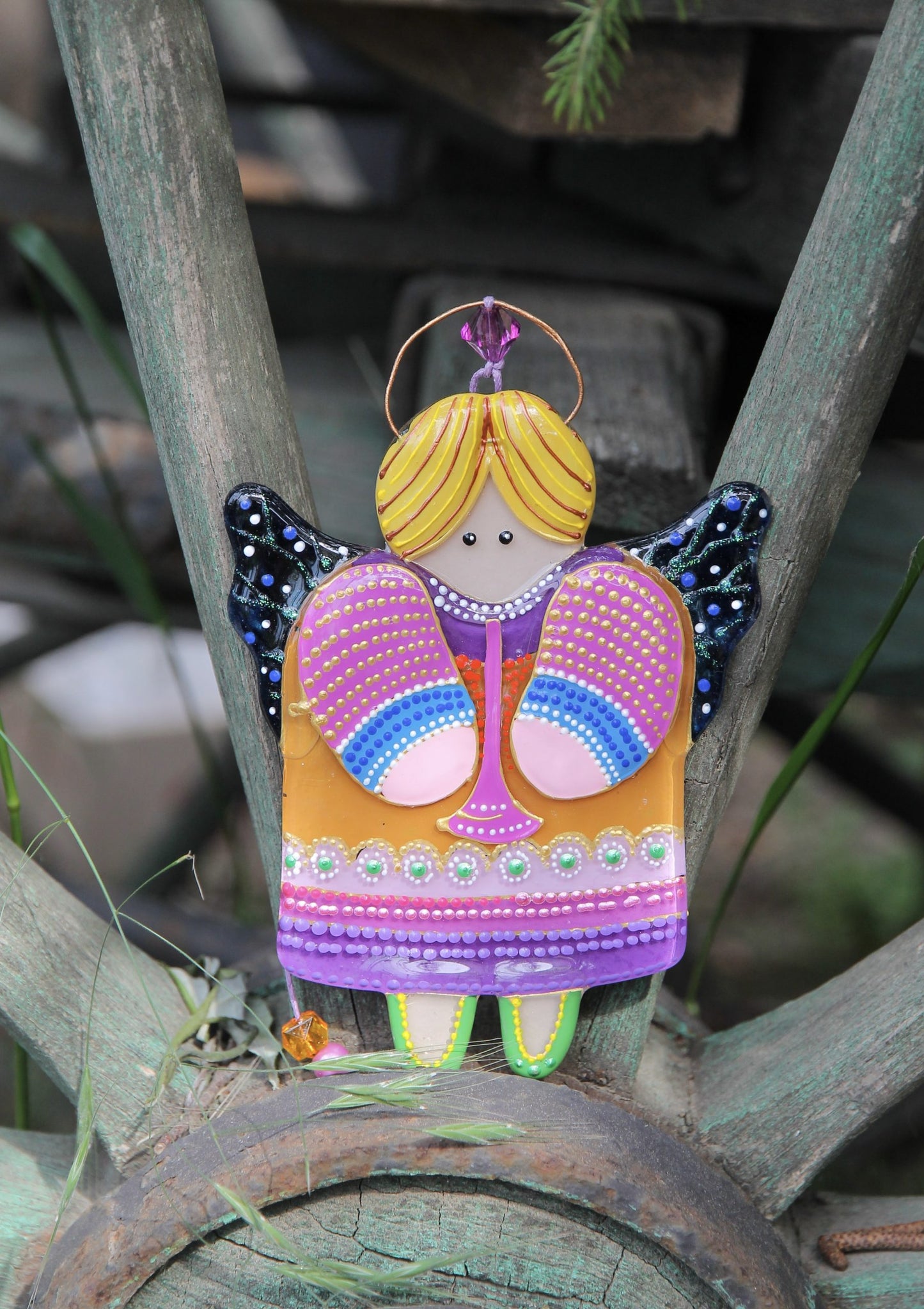 Guardian Angel Glass Wall Art in Orange & Pink - Handmade Fused-Glass Decor with Vibrant Colors and Intricate Patterns
