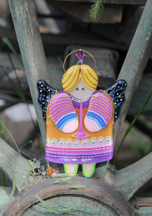 Guardian Angel Glass Wall Art in Orange & Pink - Handmade Fused-Glass Decor with Vibrant Colors and Intricate Patterns