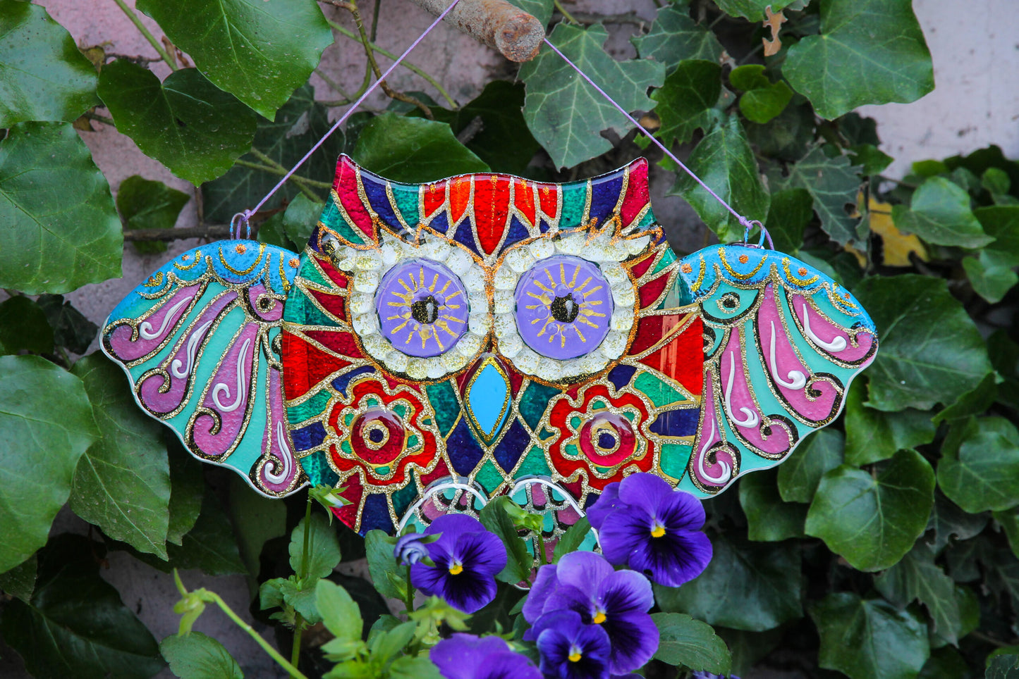 Big Owl Talisman with Mosaic Patterns Glass Artwork - Hand-Painted Fused-Glass Decor with Wise Owl, Mosaic Patterns, and Nature's Wisdom