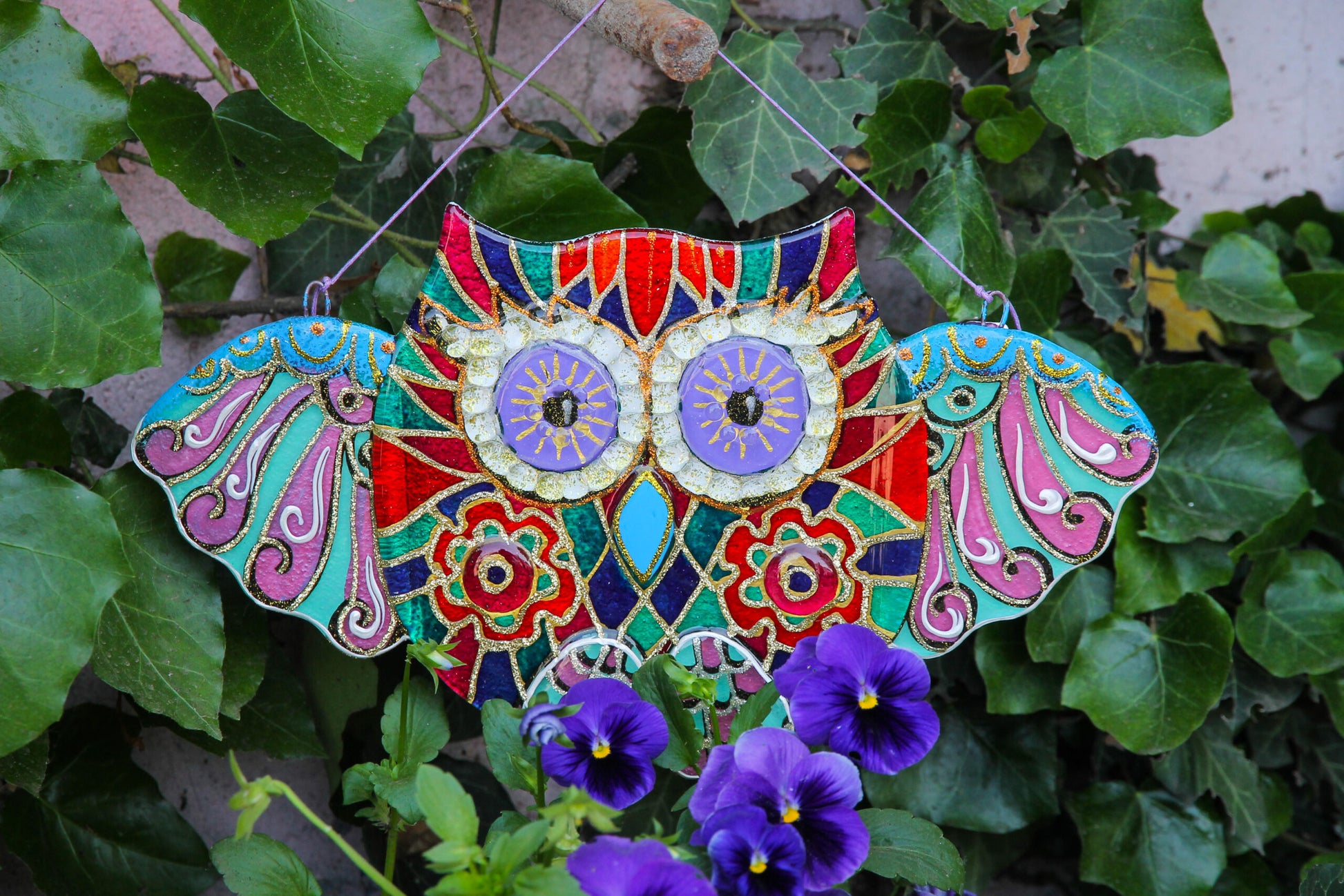Big Owl Talisman with Mosaic Patterns Glass Artwork - Hand-Painted Fused-Glass Decor with Wise Owl, Mosaic Patterns, and Nature's Wisdom