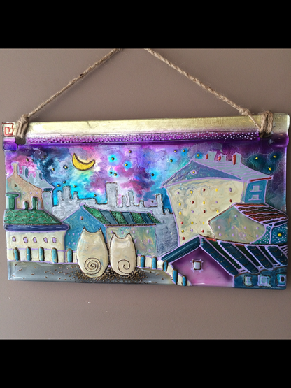 Night City with Two Cats Cityscape Glass Panel Wall Art - Hand-Painted Fused-Glass Panel with Starlit Sky, Moon, and Customized Details, 49 cm
