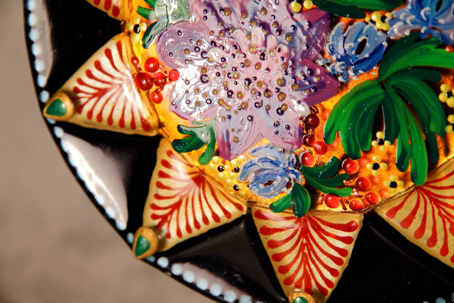 Big Blooming Sun Symbol Talisman Glass Artwork - Hand-Painted Fused-Glass Decor with Vibrant Colors and Intricate Patterns, Gold