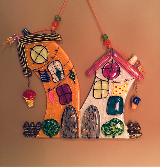 Colorful Houses - A Symbol of Family Unity Glass Artwork - Hand-Painted Fused-Glass Decor with Vibrant Colors and Intricate Patterns, Orange