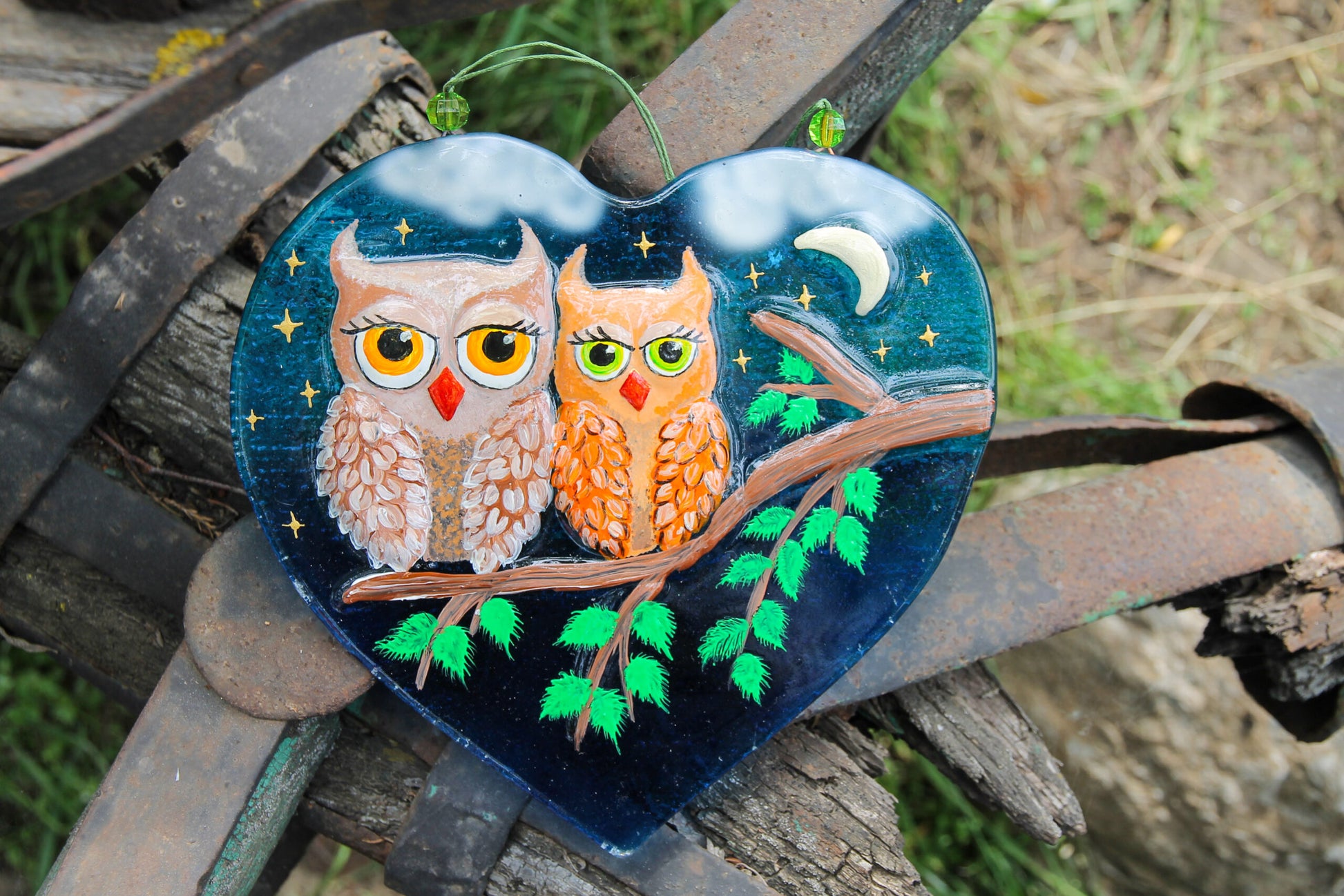 Owls in Love under the Starry Night Glass Artwork - Hand-Painted Fused-Glass Decor with Charming Owls, Starlit Night, and Celestial Patterns
