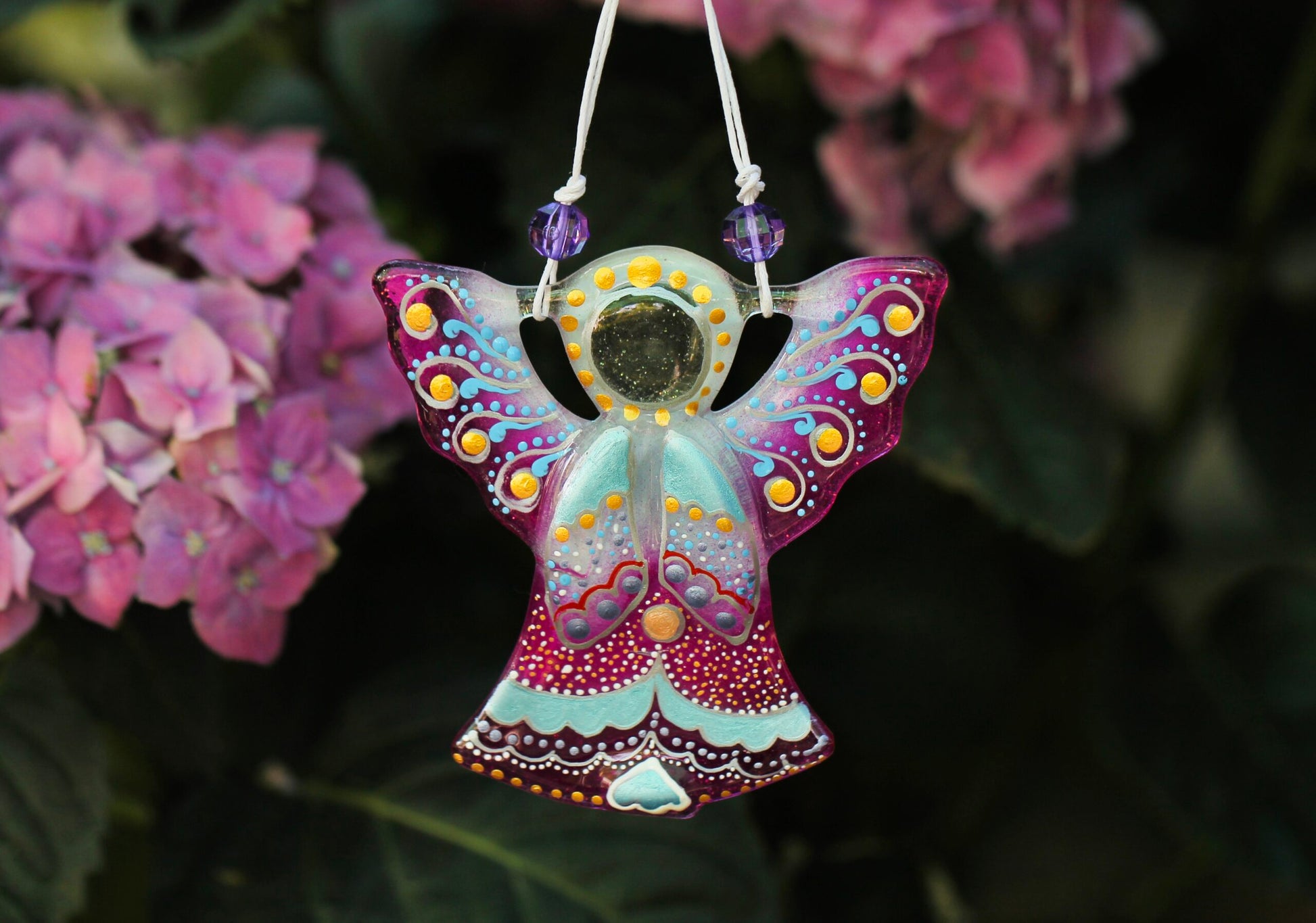 Guardian Angel Glass Wall Art in Purple & Mint - Handmade Fused-Glass Decor with Vibrant Colors and Intricate Patterns