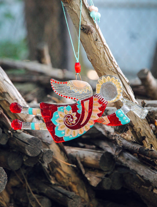 Flying Guardian Angel Glass Wall Art in Suncatcher, Red & Mint - Handmade Fused-Glass Decor with Intricate Patterns