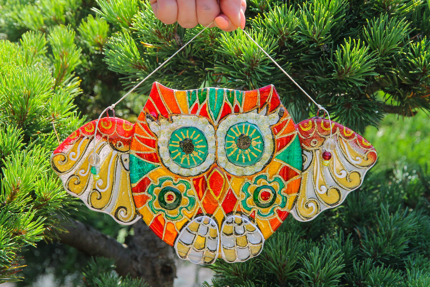 Big Owl Talisman with Mosaic Patterns Glass Artwork - Hand-Painted Fused-Glass Decor with Wise Owl, Mosaic Patterns, and Symbolic Energy