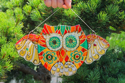 Big Owl Talisman with Mosaic Patterns Glass Artwork - Hand-Painted Fused-Glass Decor with Wise Owl, Mosaic Patterns, and Symbolic Energy