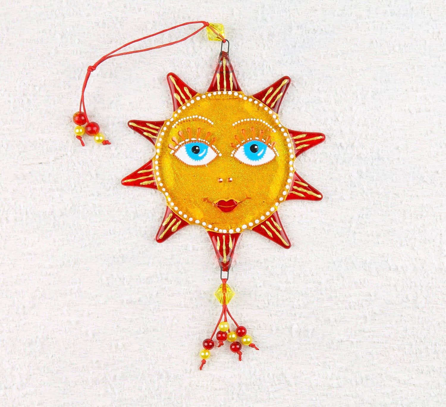 Hand-Painted Sun Symbol Talisman Glass Artwork - Yellow Suncatcher, 14 cm Diameter, Symbol of Renewal and Warmth
