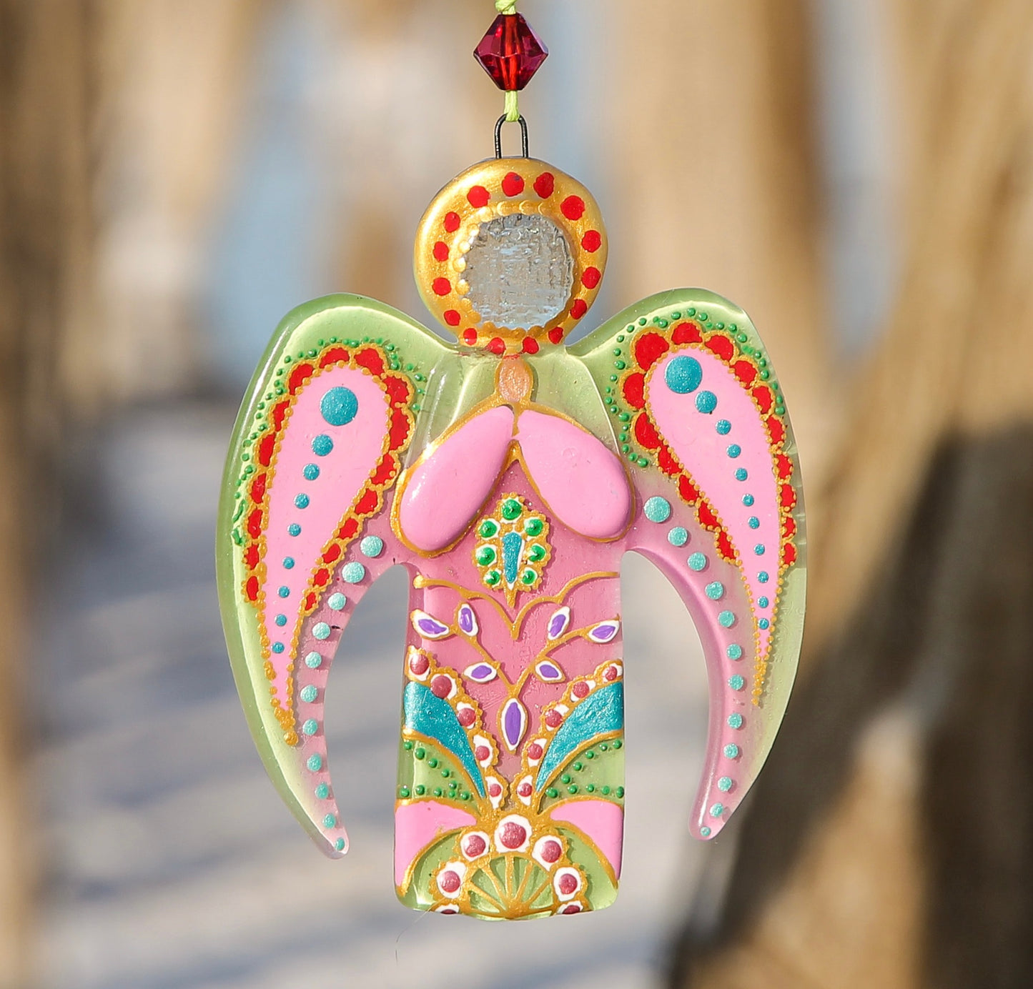 Guardian Angel Glass Wall Art - Handmade, Pink & Lime, 12 cm