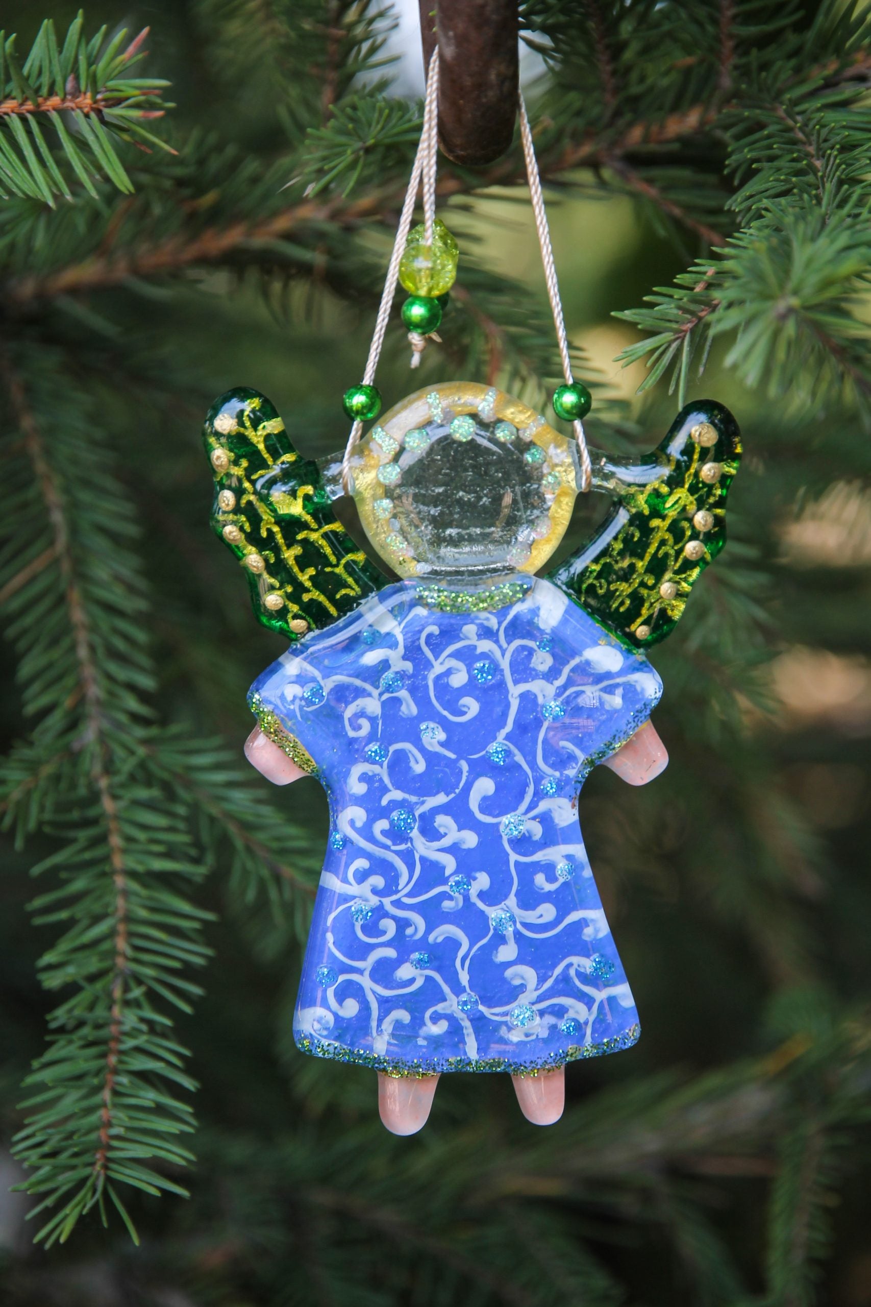 Guardian Angel of Love with Red Heart Glass Wall Art in Blue & Green - Handmade Fused-Glass Decor with Vibrant Colors and Intricate Patterns