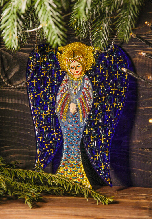 Big Guardian AngelGlass Wall Art in Dark Blue & Gold - Handmade Fused-Glass Decor with Vibrant Colors and Intricate Patterns