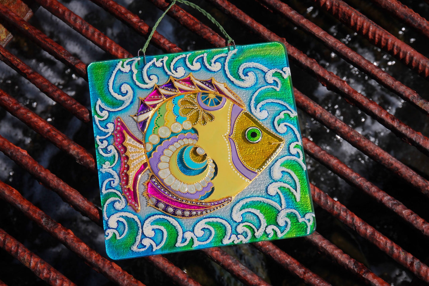 Fish Glass Panel Wall Art - Hand-Painted Fused-Glass Panel with Vibrant Colors and Playful Patterns, Yellow, 26 cm