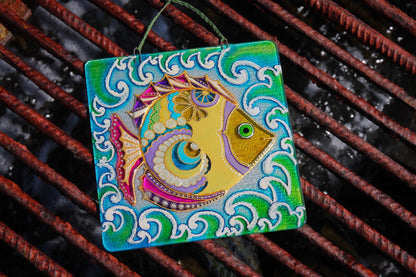 Fish Glass Panel Wall Art - Hand-Painted Fused-Glass Panel with Vibrant Colors and Playful Patterns, Yellow, 26 cm