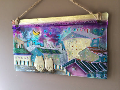 Night City with Two Cats Cityscape Glass Artwork Panel Handmade, 49 cm