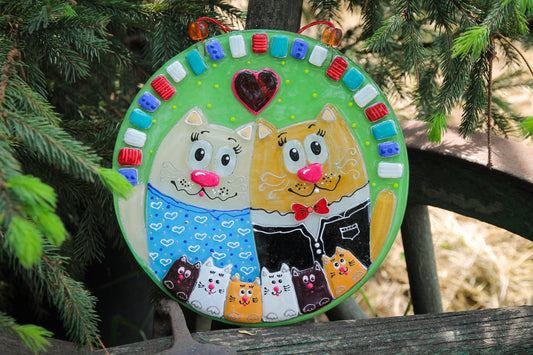 Couple of Cats with Kittens Glass Panel Wall Art - Hand-Painted Fused-Glass Panel, 25 cm