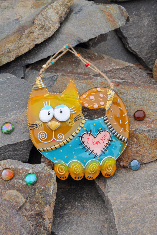 Big Cat in Love Glass Artwork - Hand-Painted Fused-Glass Decor with Charming Cat, Vibrant Colors, and Captivating Patterns