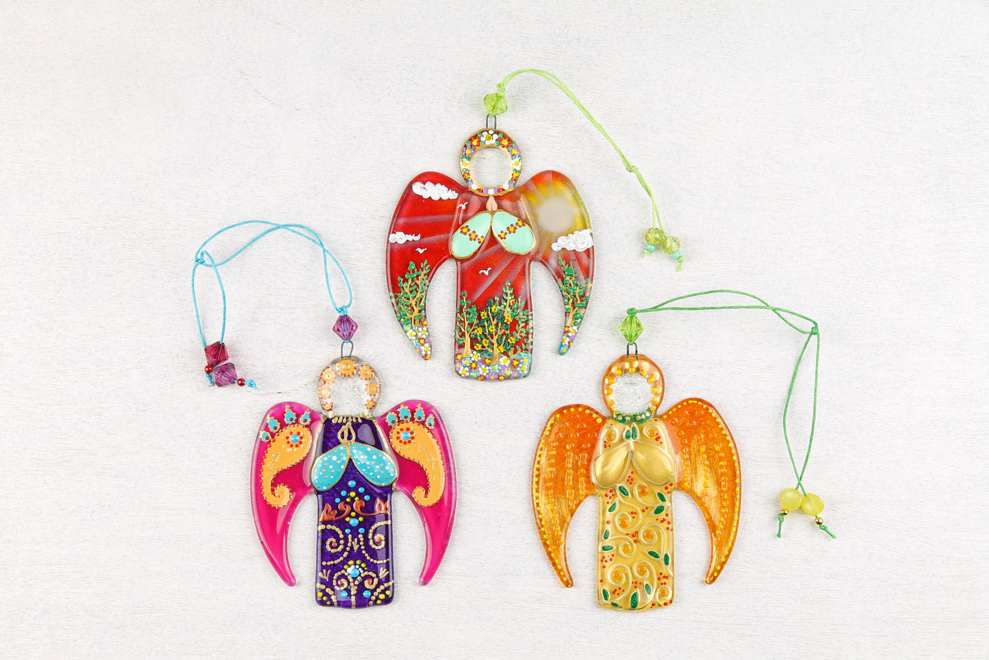 Guardian Angel Glass Wall Art in Red & Green - Handmade Fused-Glass Decor with Vibrant Colors and Intricate Patterns