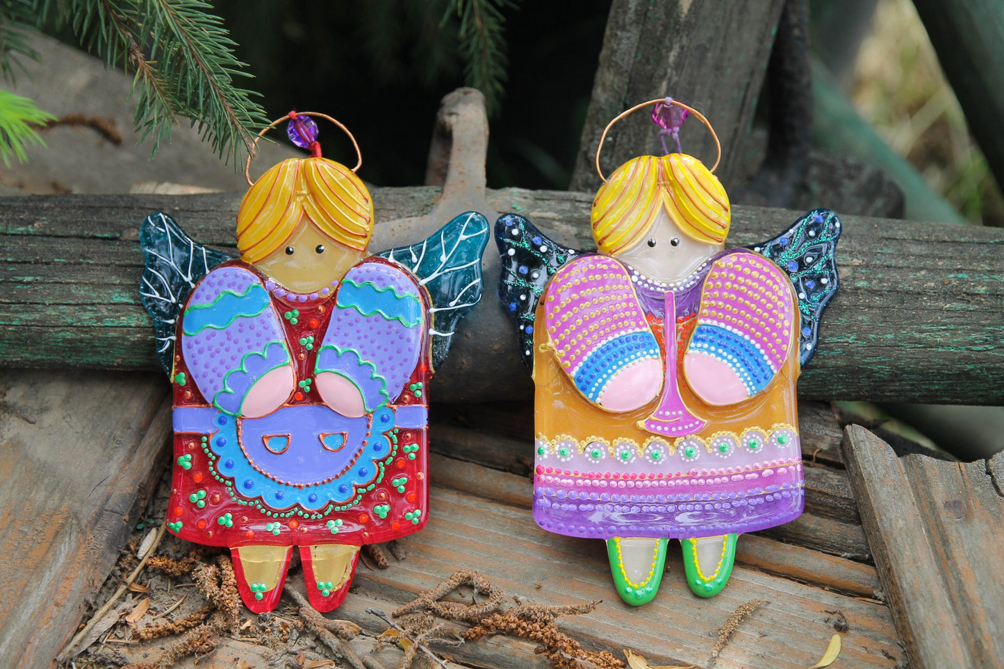 Guardian Angel Glass Wall Art in Orange & Pink - Handmade Fused-Glass Decor with Vibrant Colors and Intricate Patterns