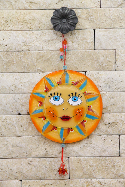Big Sun Symbol Talisman Glass Artwork - Hand-Painted Fused-Glass Decor with Vibrant Colors and Intricate Patterns, Orange
