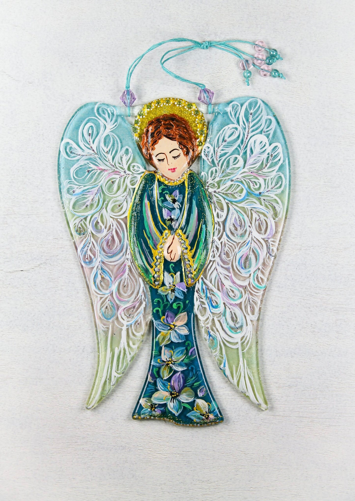 Big Guardian AngelGlass Wall Art in Mint - Handmade Fused-Glass Decor with Vibrant Colors and Intricate Patterns
