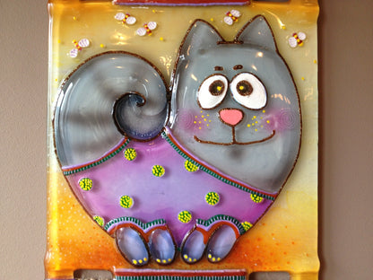 Cat Marzipan Glass Panel Wall Art - Hand-Painted Fused-Glass Panel with Intricate Details and Delightful Patterns, 22 cm