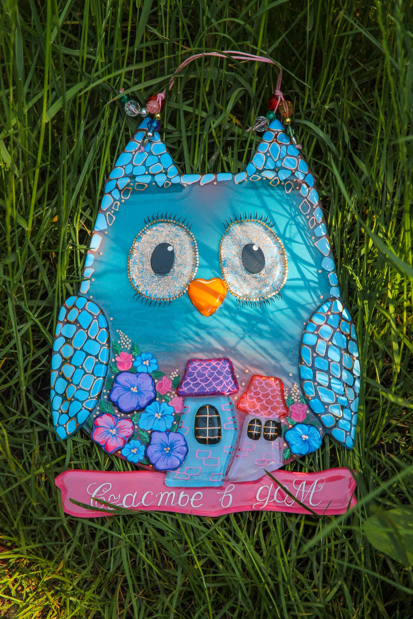 Big Owl Home Talisman Glass Artwork - Hand-Painted, Light Blue, 25 cm