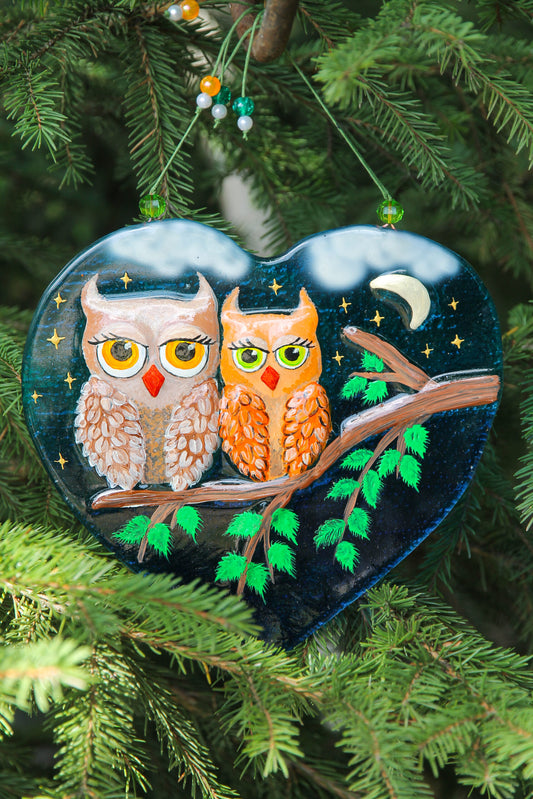 Owls in Love under the Starry Night Glass Artwork - Hand-Painted Fused-Glass Decor with Charming Owls, Starlit Night, and Celestial Patterns