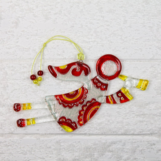 Flying Guardian Angel Glass Wall Art Suncatcher, Clear, Red & Yellow - Handmade Fused-Glass Decor with Intricate Patterns