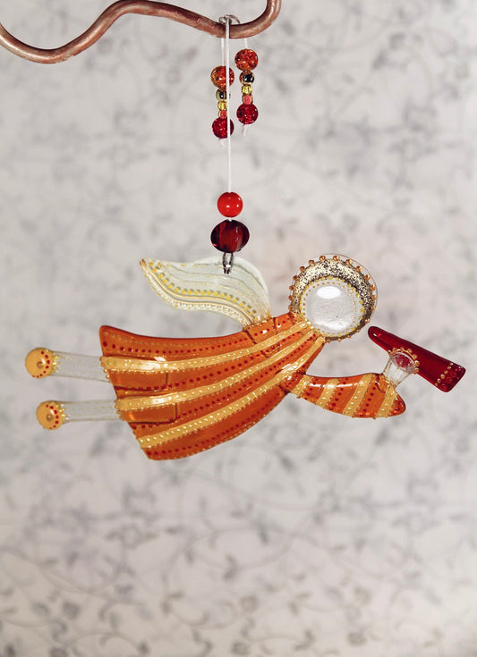 Flying Guardian Angel Glass Wall Art Suncatcher, Orange & Yellow Strips - Handmade Fused-Glass Decor with Vibrant Colors and Intricate Patterns
