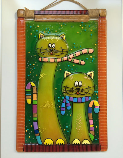 Cats on a Walk Glass Panel Wall Art - Hand-Painted Fused-Glass Panel with Emotive Feline Friends, Green, 40 cm