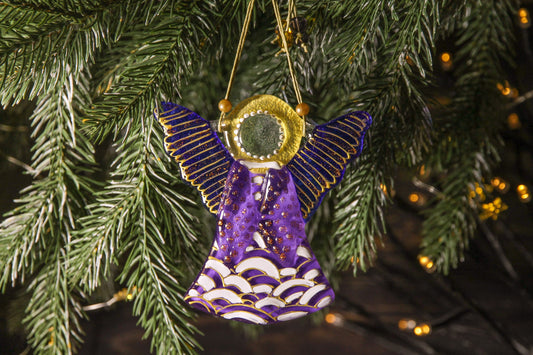 Guardian Angel Glass Wall Art in Purple & Gold - Handmade Fused-Glass Decor with Vibrant Colors and Intricate Patterns